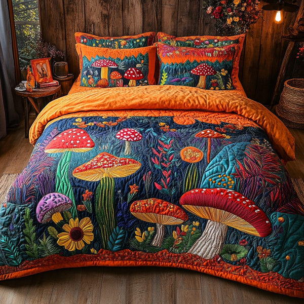 Mushroom Meadow quilted 3-piece bedding set on a made bed with two matching pillow shams
