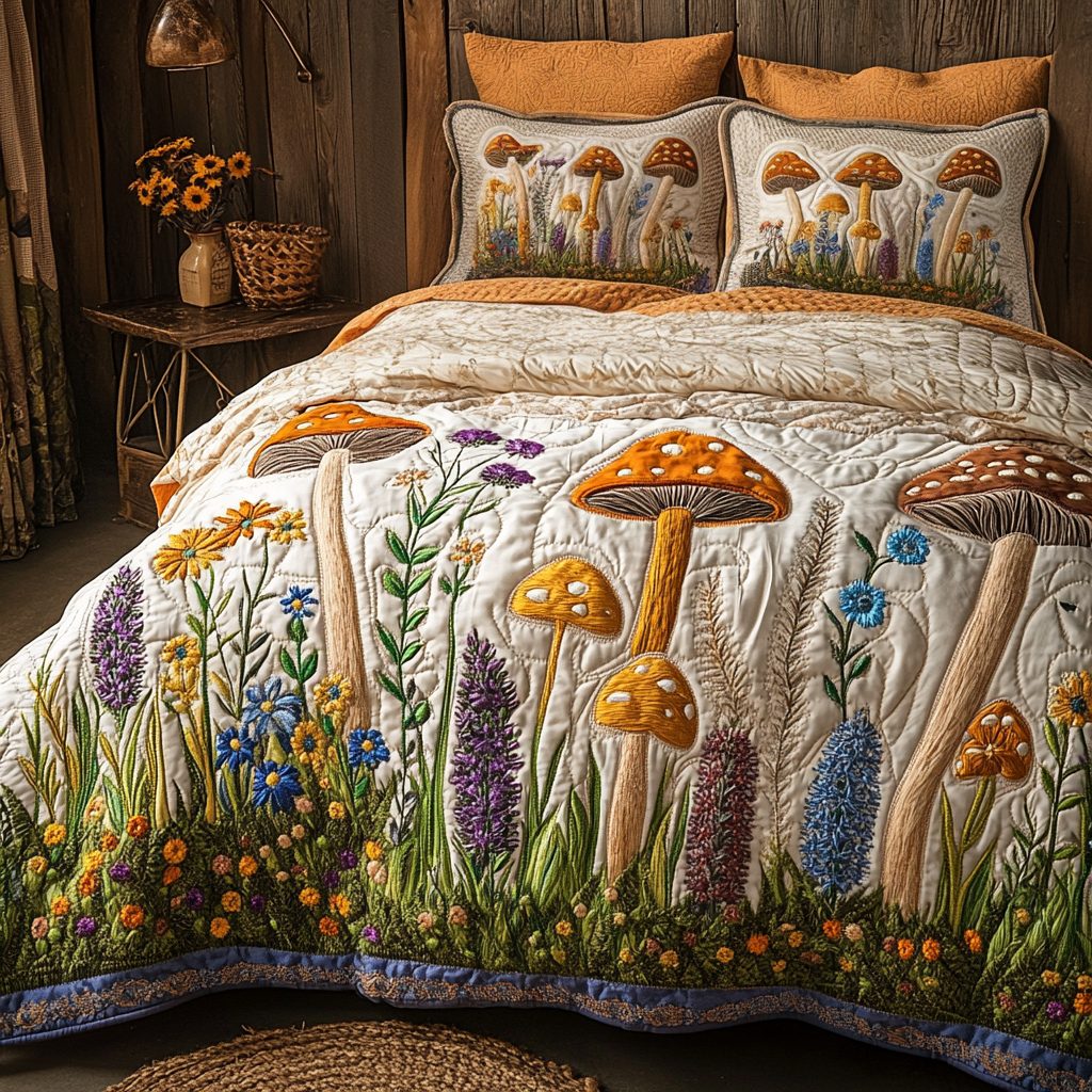 Mushroom Meadow quilted 3-piece bedding set on a made bed with two matching pillow shams