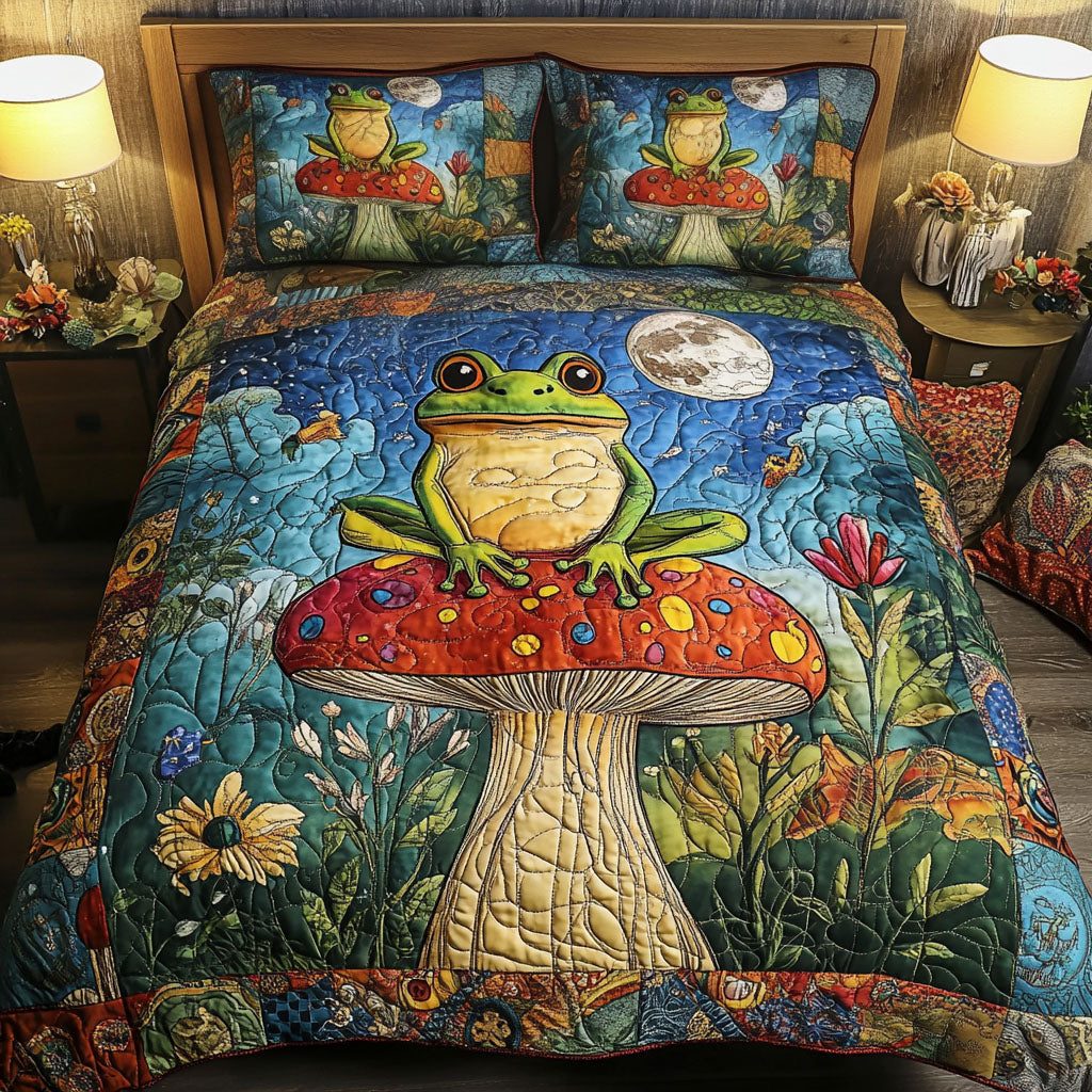 Mushroom Moon Frog quilted 3-piece bedding set on a made bed with two matching pillow shams