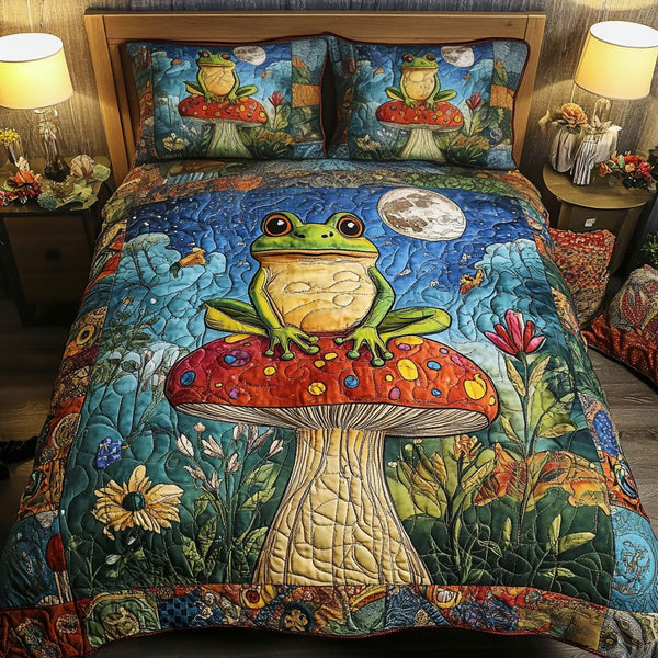 Mushroom Moon Frog quilted 3-piece bedding set on a made bed with two matching pillow shams