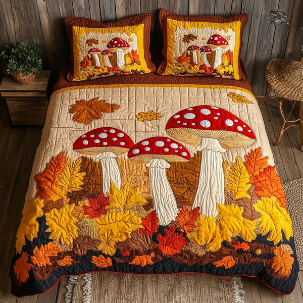 Mushroom Path quilted 3-piece bedding set on a made bed with two matching pillow shams