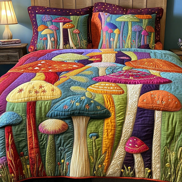 Mushroom quilted 3-piece bedding set on a made bed with two matching pillow shams