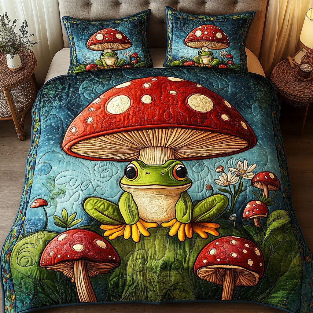 Mushroom Retreat quilted 3-piece bedding set on a made bed with two matching pillow shams