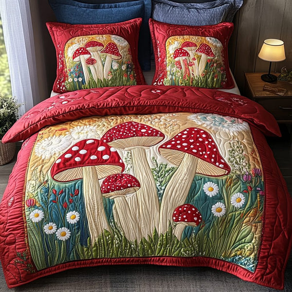 Mushroom Rise quilted 3-piece bedding set on a made bed with two matching pillow shams