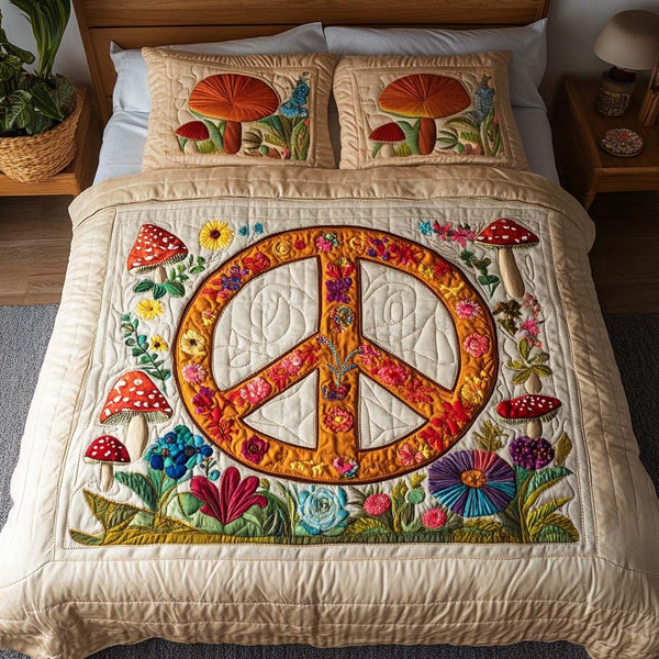 Mushroom Serenity quilted 3-piece bedding set on a made bed with two matching pillow shams