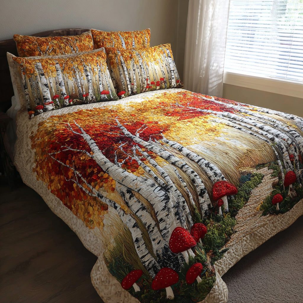 Mushroom Trail quilted 3-piece bedding set on a made bed with two matching pillow shams