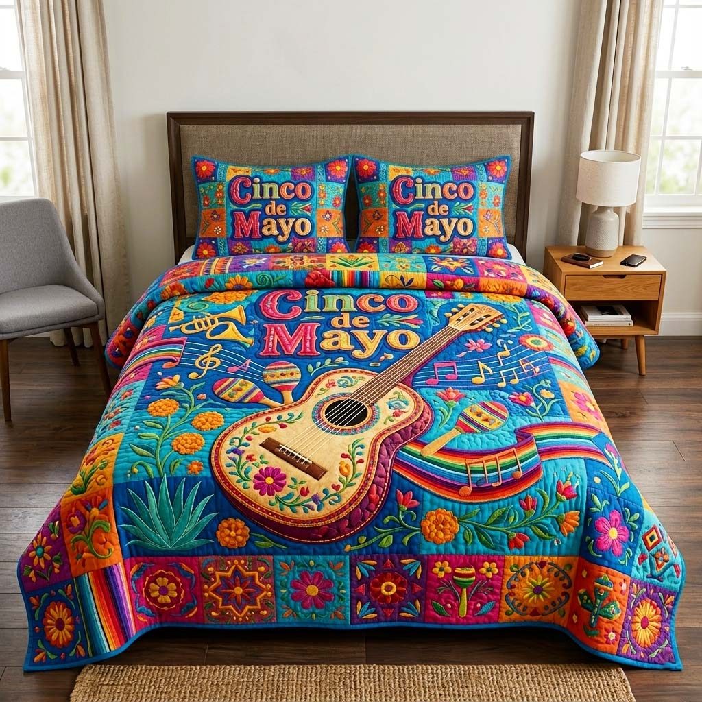 Music Fiesta quilted 3-piece bedding set on a made bed with two matching pillow shams