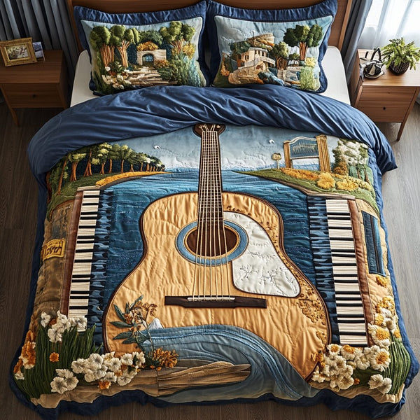 Musical Breeze quilted 3-piece bedding set on a made bed with two matching pillow shams