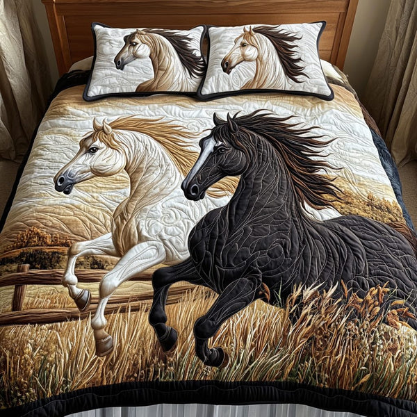 Mustang Charm quilted 3-piece bedding set on a made bed with two matching pillow shams