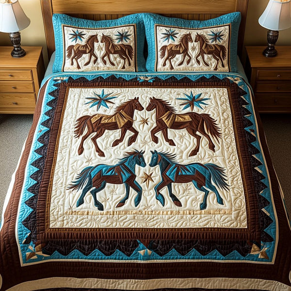 Mustang Majesty quilted 3-piece bedding set on a made bed with two matching pillow shams