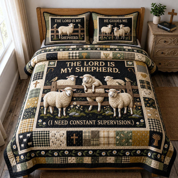 My Shepherd quilted 3-piece bedding set on a made bed with two matching pillow shams