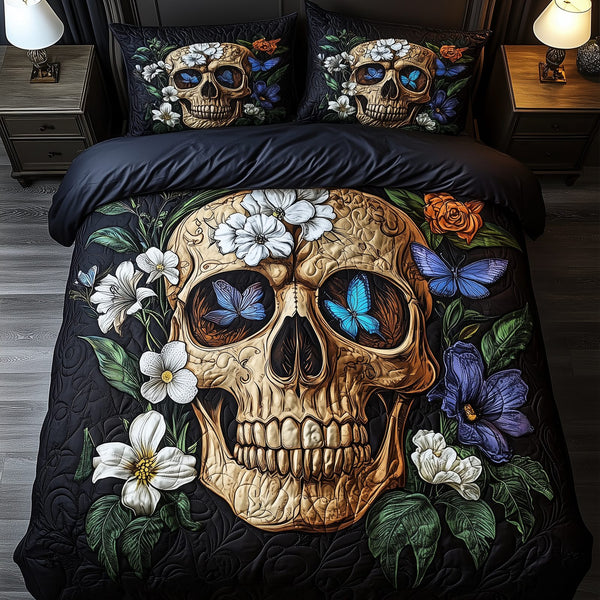Mysterious Garden quilted 3-piece bedding set on a made bed with two matching pillow shams