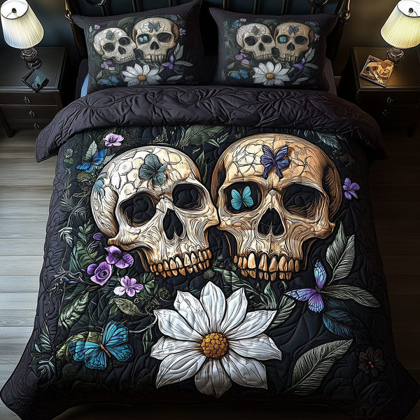 Mysterious Garden quilted 3-piece bedding set on a made bed with two matching pillow shams
