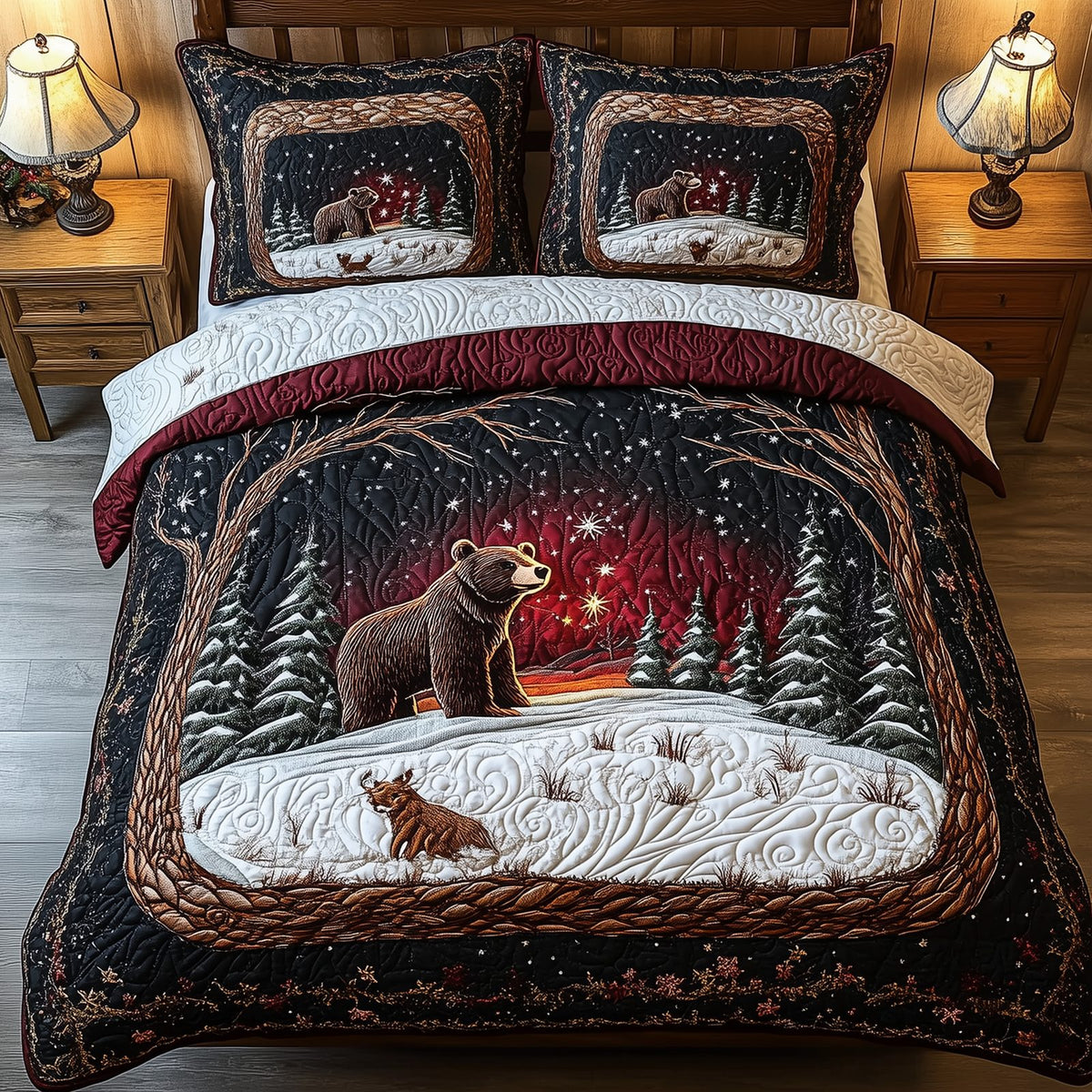Mystery in the Forest quilted 3-piece bedding set on a made bed with two matching pillow shams