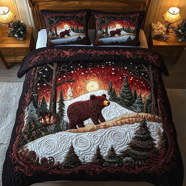 Mystery in the Forest quilted 3-piece bedding set on a made bed with two matching pillow shams