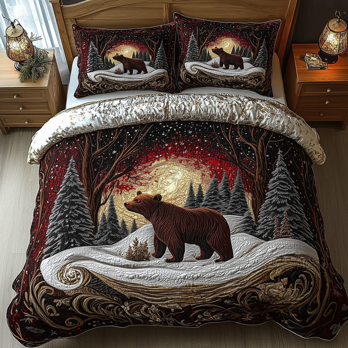 Mystery in the Forest quilted 3-piece bedding set on a made bed with two matching pillow shams