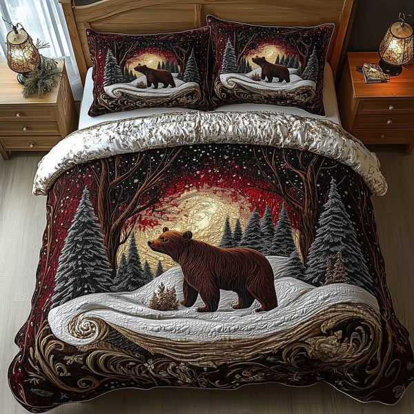 Mystery in the Forest quilted 3-piece bedding set on a made bed with two matching pillow shams