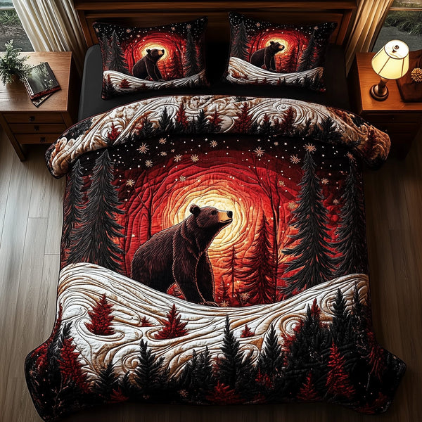 Mystery in the Forest quilted 3-piece bedding set on a made bed with two matching pillow shams