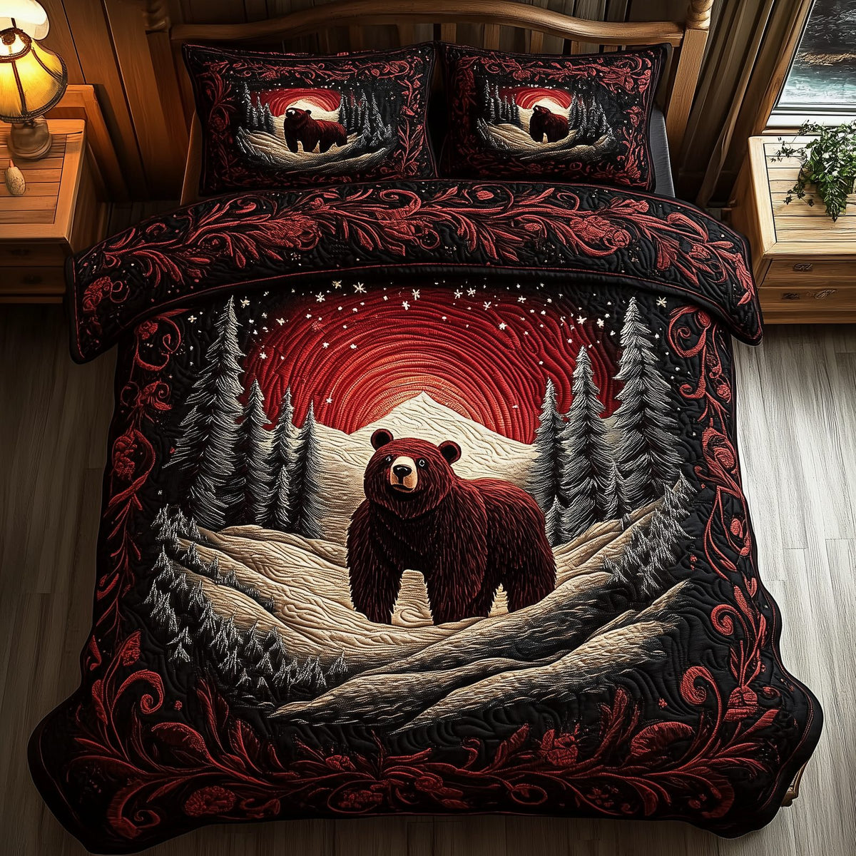 Mystery in the Forest quilted 3-piece bedding set on a made bed with two matching pillow shams