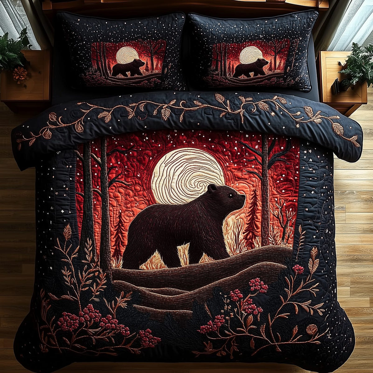Mystery in the Forest quilted 3-piece bedding set on a made bed with two matching pillow shams