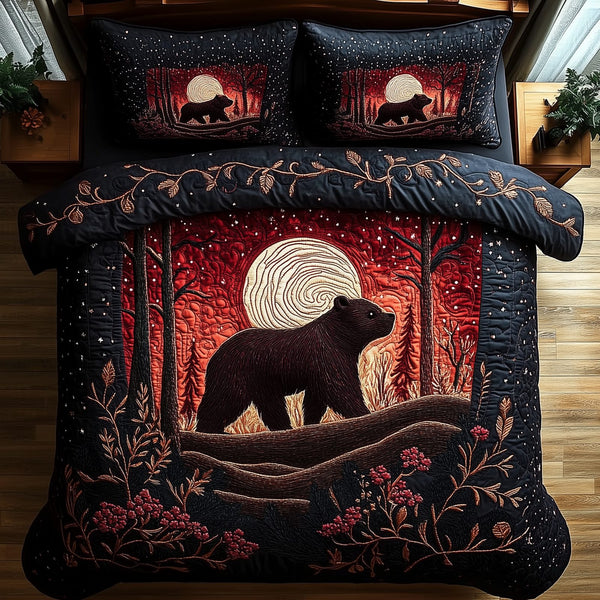 Mystery in the Forest quilted 3-piece bedding set on a made bed with two matching pillow shams