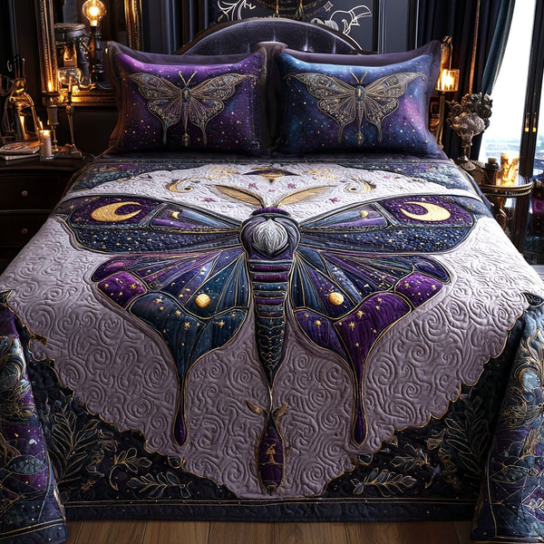 Mystic Amethyst Moth quilted 3-piece bedding set on a made bed with two matching pillow shams