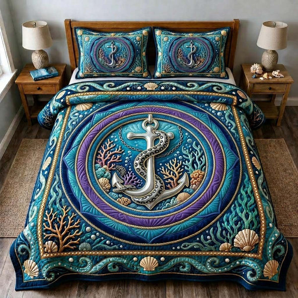 Mystic Anchor Portal quilted 3-piece bedding set on a made bed in a light coastal bedroom
