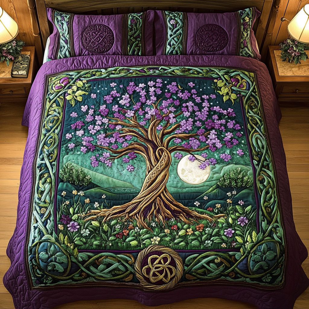 Mystic Arboreal Dreams quilted 3-piece bedding set on a made bed with two matching pillow shams