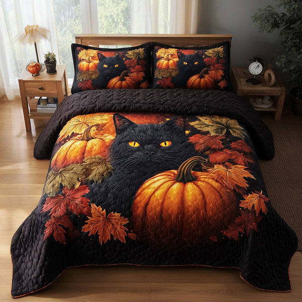 Mystic Autumn Cat quilted 3-piece bedding set on a made bed with two matching pillow shams