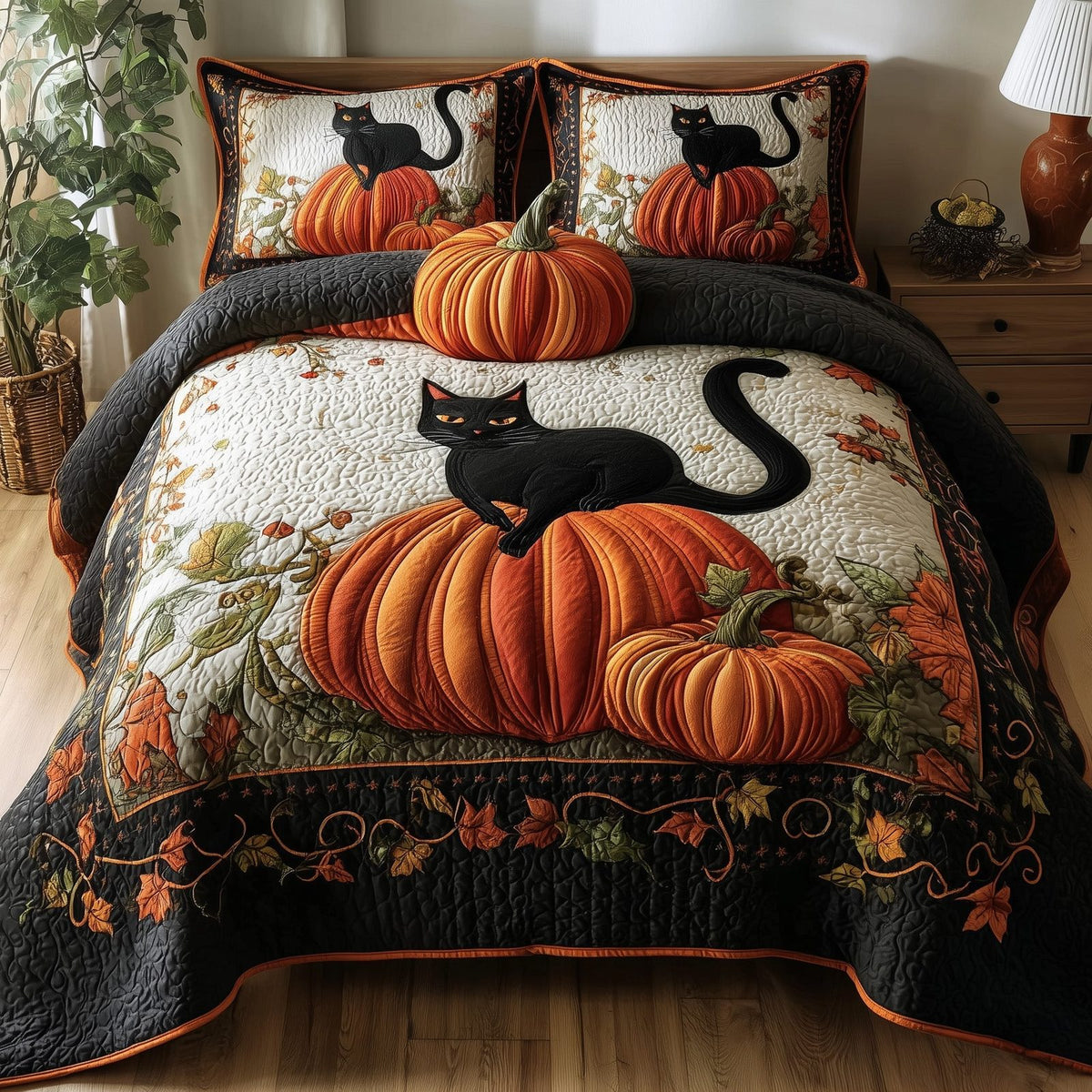 Mystic Autumn Cat quilted 3-piece bedding set on a made bed with two matching pillow shams