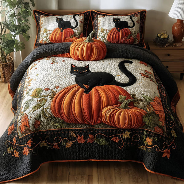 Mystic Autumn Cat quilted 3-piece bedding set on a made bed with two matching pillow shams