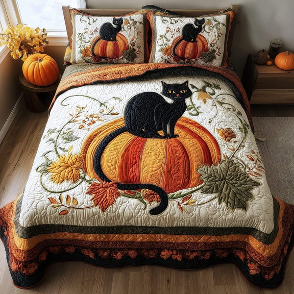 Mystic Autumn Cat quilted 3-piece bedding set on a made bed with two matching pillow shams