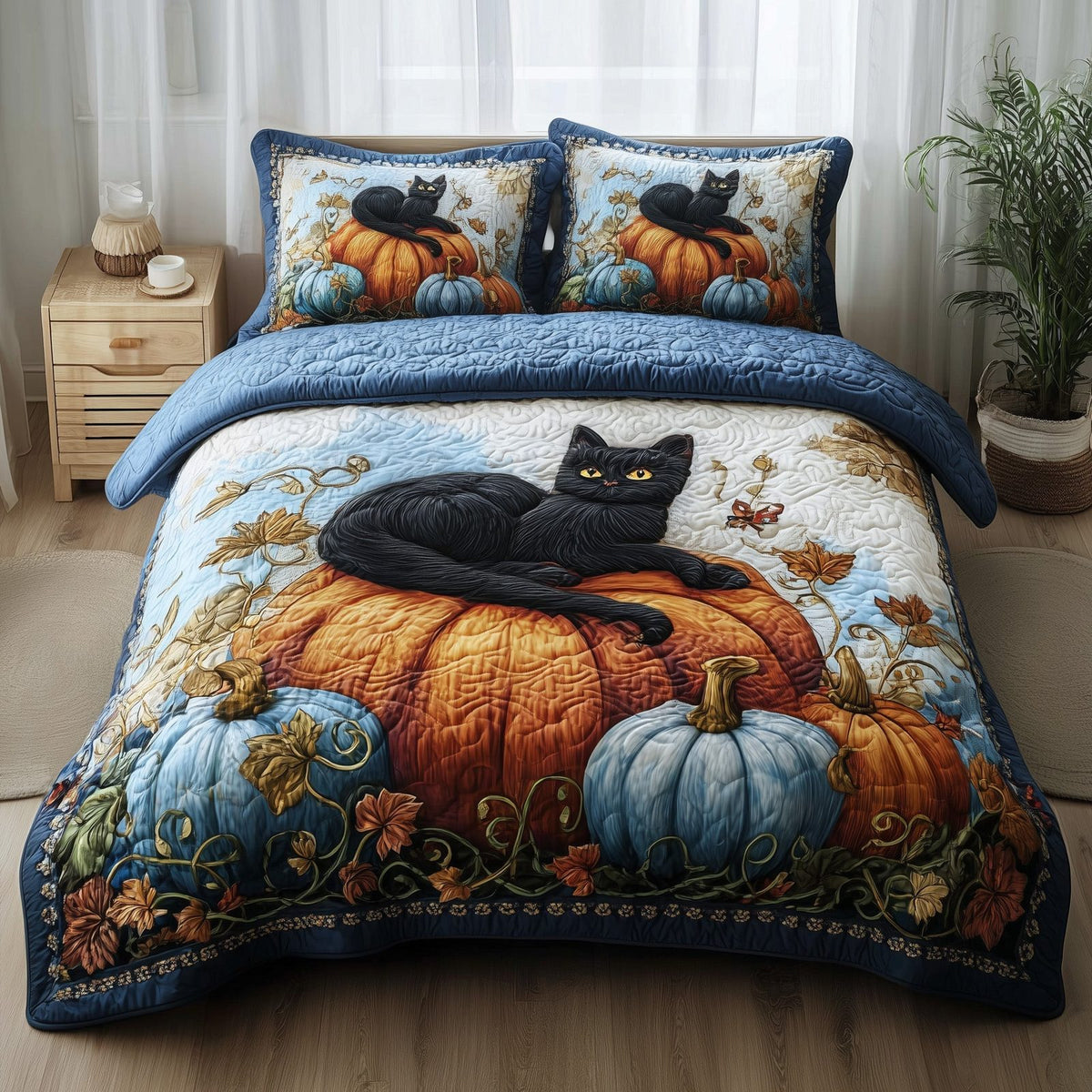 Mystic Autumn Cat quilted 3-piece bedding set on a made bed with two matching pillow shams