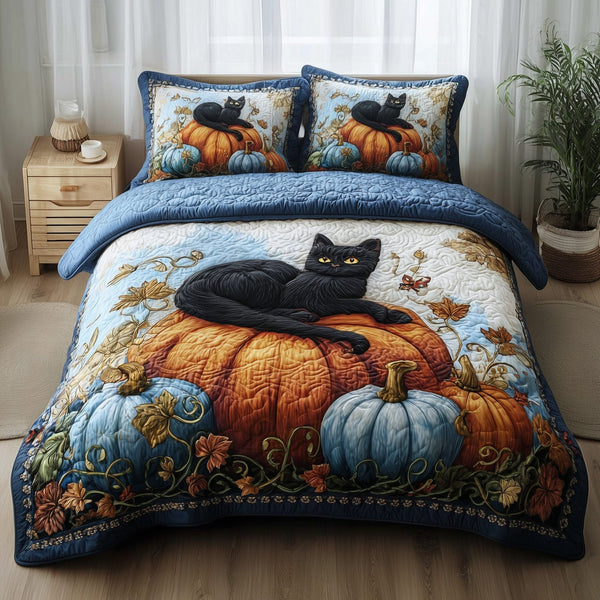 Mystic Autumn Cat quilted 3-piece bedding set on a made bed with two matching pillow shams