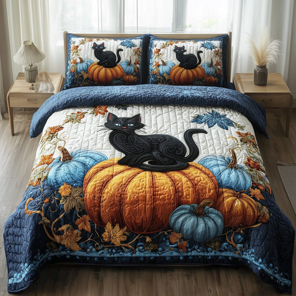Mystic Autumn Cat quilted 3-piece bedding set on a made bed with two matching pillow shams