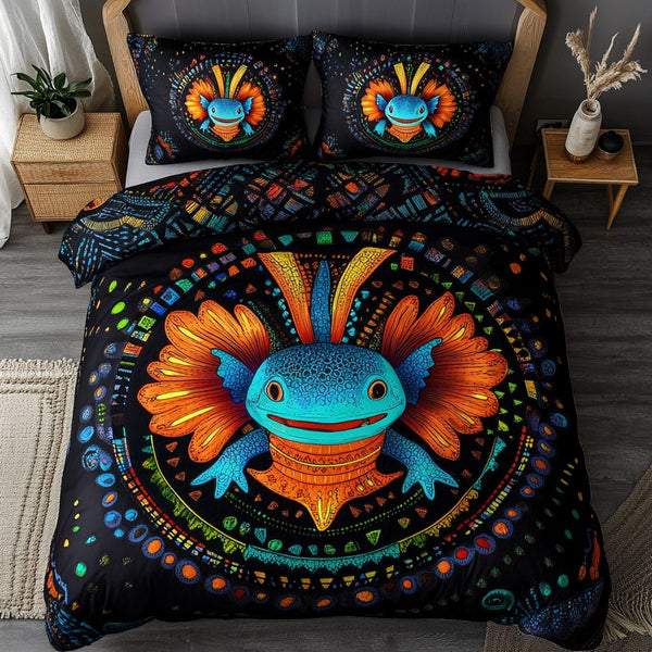 Mystic Axolotl quilted 3-piece bedding set on a made bed with two matching pillow shams