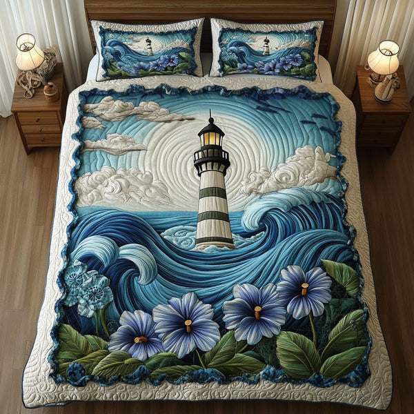 Mystic Beacon quilted 3-piece bedding set on a made bed with two matching pillow shams