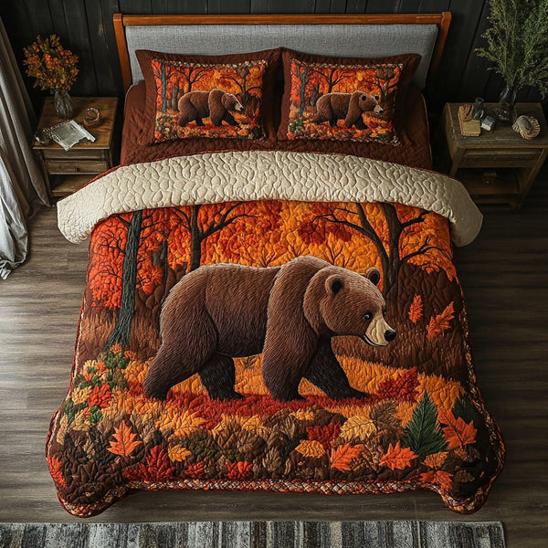 Mystic Bear quilted 3-piece bedding set on a made bed with two matching pillow shams