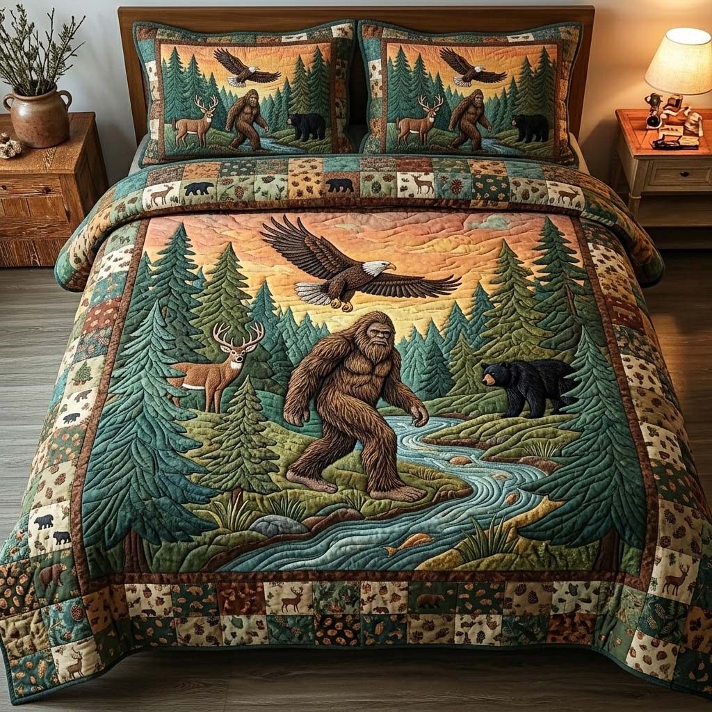 Mystic Bigfoot quilted 3-piece bedding set on a made bed with two matching pillow shams