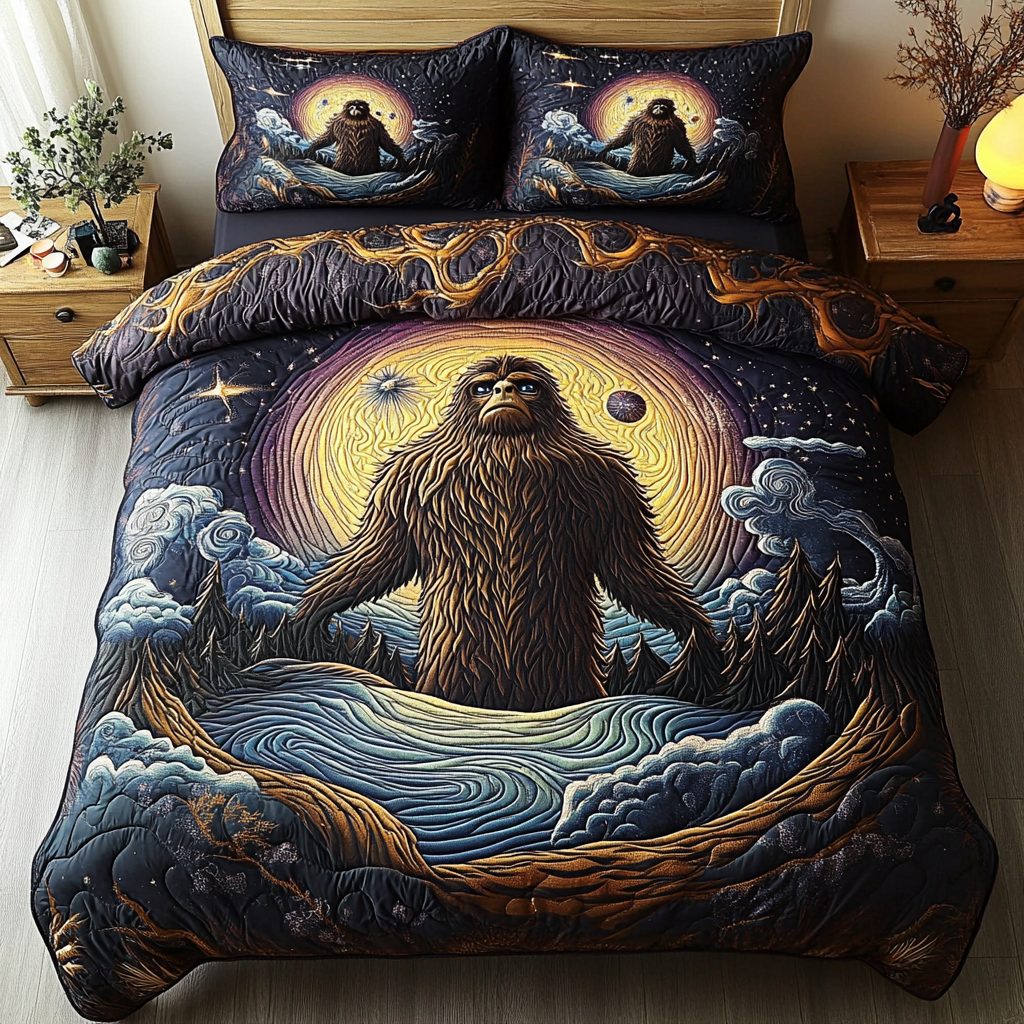 Mystic Bigfoot quilted 3-piece bedding set on a made bed with two matching pillow shams
