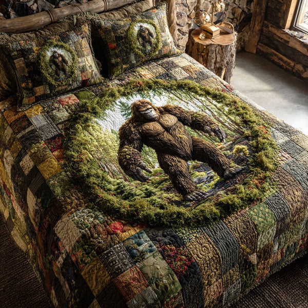 Mystic Bigfoot quilted 3-piece bedding set on a made bed with two matching pillow shams
