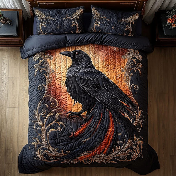 Mystic Bird quilted 3-piece bedding set on a made bed with two matching pillow shams