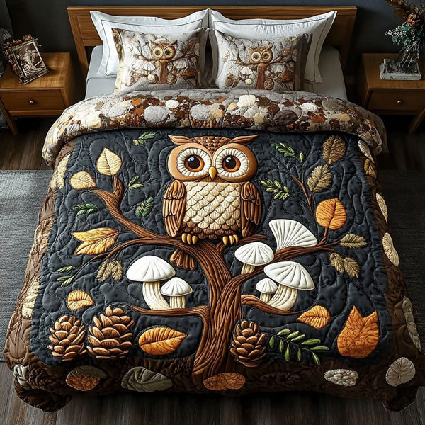 Mystic Branch quilted 3-piece bedding set on a made bed in a rustic timber bedroom