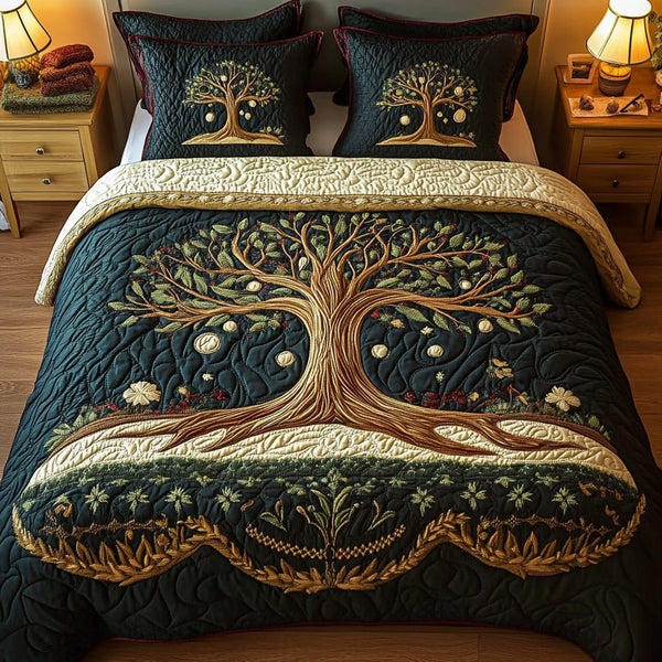 Mystic Branches quilted 3-piece bedding set on a made bed in a rustic timber bedroom