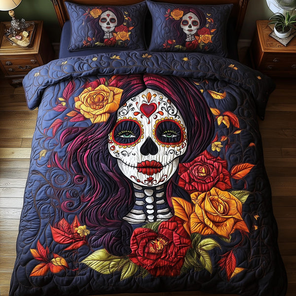 Mystic Bride of Death quilted 3-piece bedding set on a made bed with two matching pillow shams