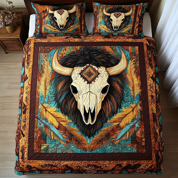 Mystic Buffalo quilted 3-piece bedding set on a made bed in a rustic timber bedroom