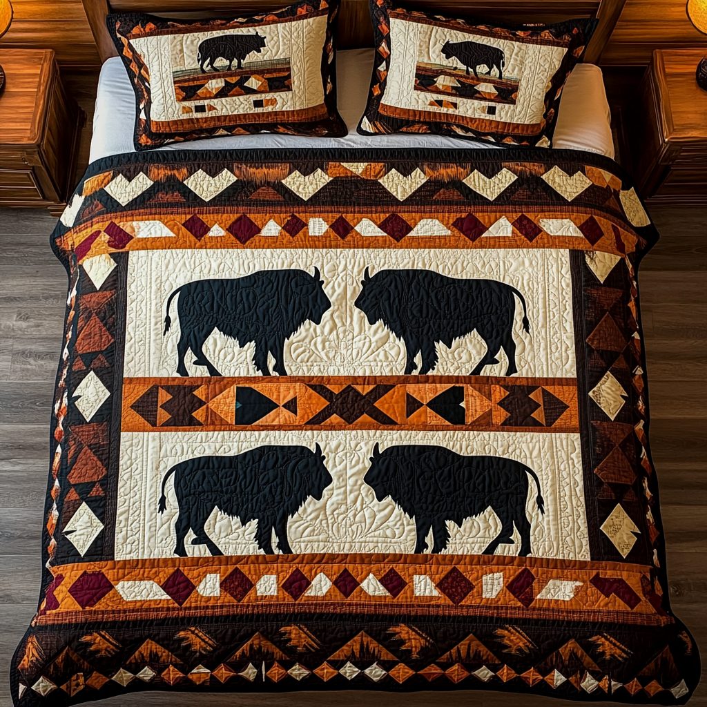 Mystic Buffalo quilted 3-piece bedding set on a made bed in a rustic timber bedroom