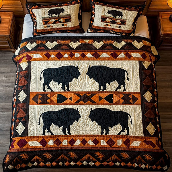 Mystic Buffalo quilted 3-piece bedding set on a made bed in a rustic timber bedroom