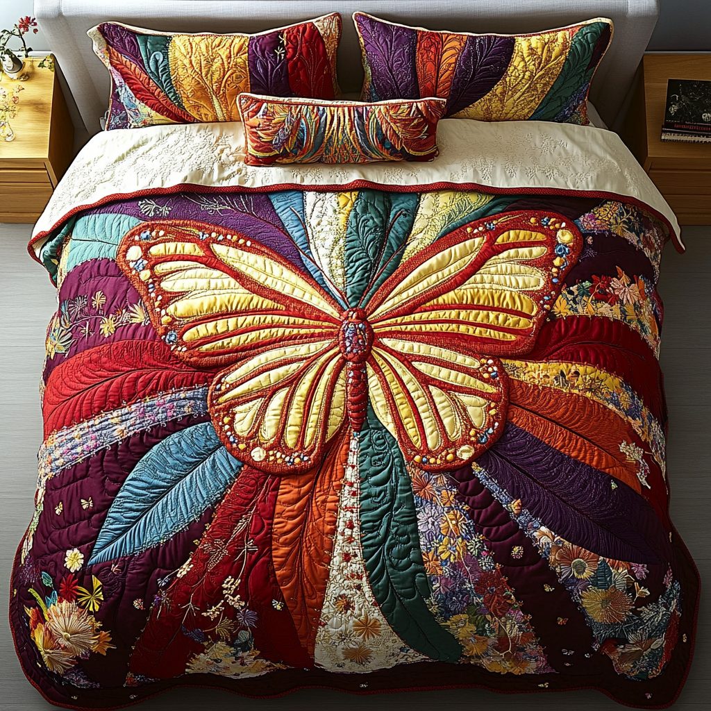 Mystic Butterfly quilted 3-piece bedding set on a made bed with two matching pillow shams
