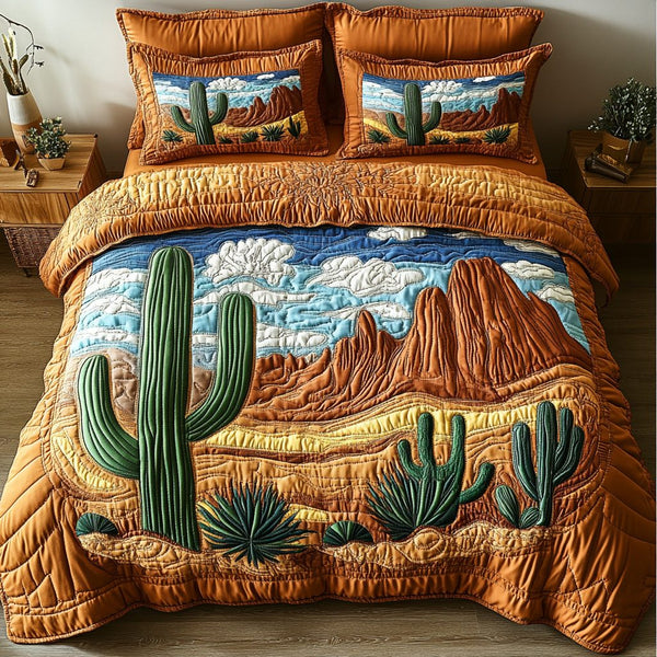 Mystic Canyon quilted 3-piece bedding set on a made bed with two matching pillow shams